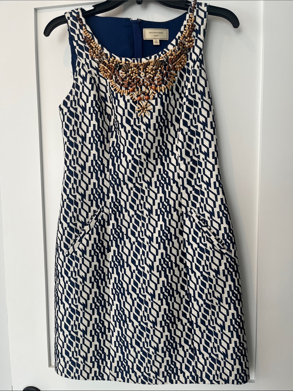 Anthropologie Navy and White Geometric Beaded-Neck Mini Dress